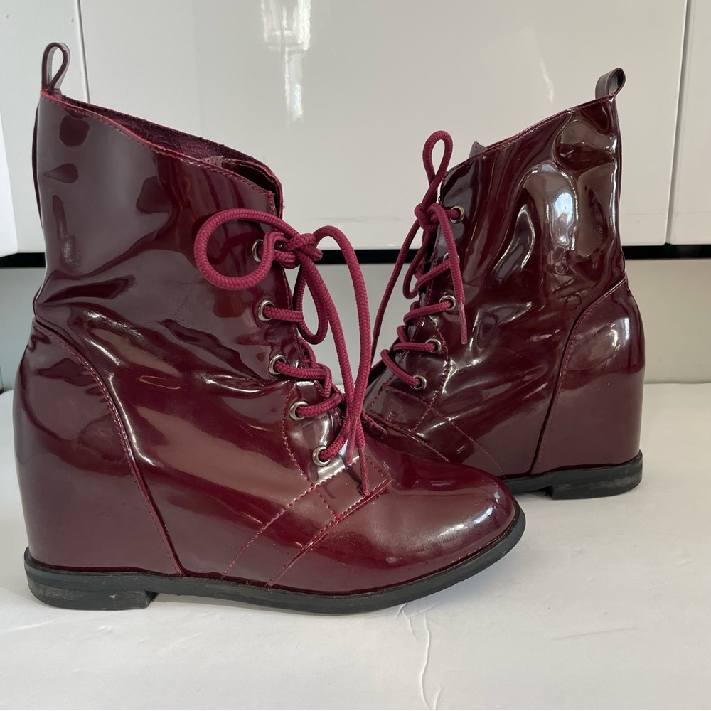 Burgundy wine red patent lace up hidden wedge combat boots